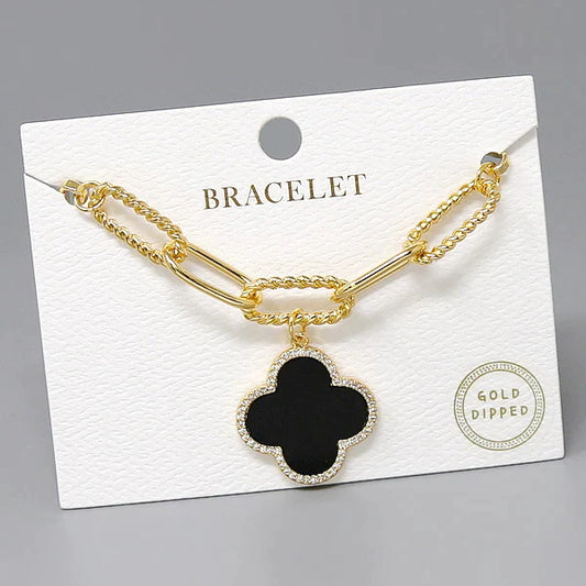 CZ Trimmed Quatrefoil Charm Gold Dipped Chain Bracelet