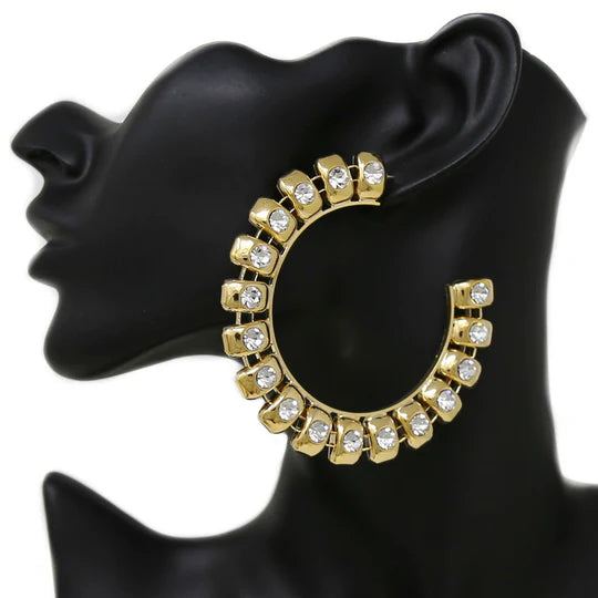 Glass Stone Embellished Metal Hoop Earrings