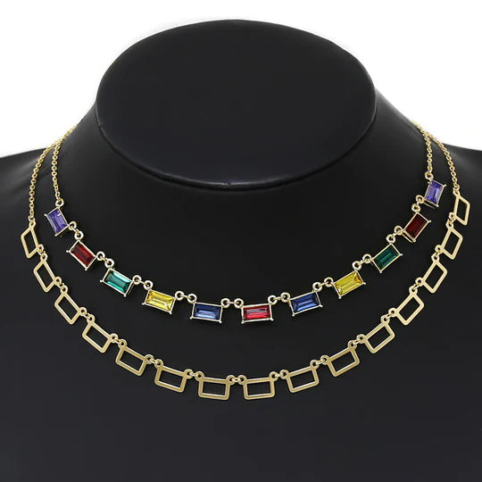 Emerald Cut Stone Layered Chain Necklace