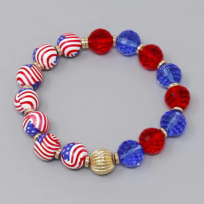 American Flag Wood And Faceted Bead Stretch Bracelet