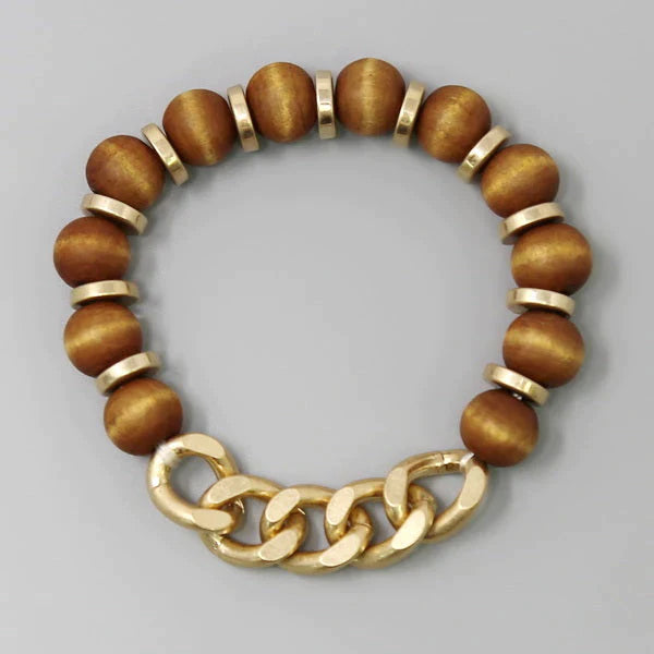 Wood Bead And Linked Chain Stretch Bracelet