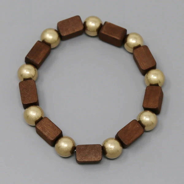 Wooden Cube And Metal Ball Stretch Bracelet