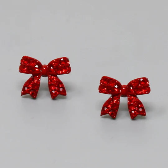 Glass Stone Pave Bow Ribbon Stud Earrings