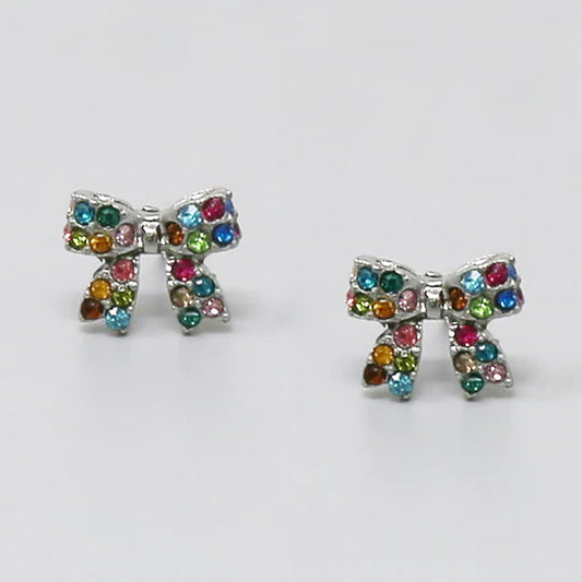 Glass Stone Pave Bow Ribbon Stud Earrings