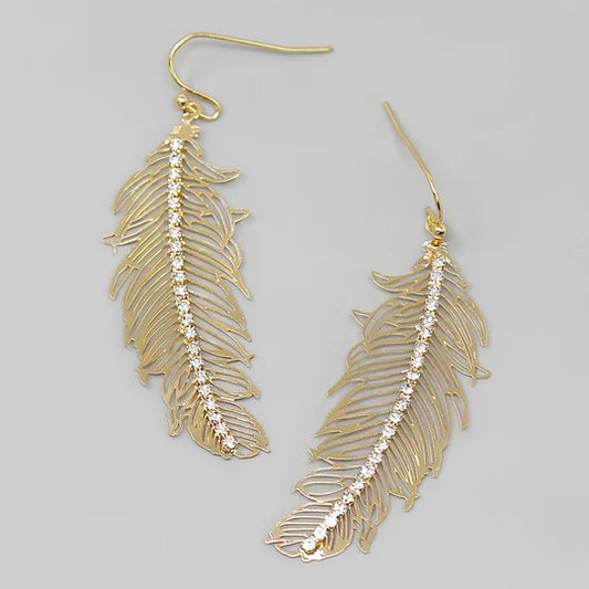 Glass Stone Embellished Feather Filigree Earrings