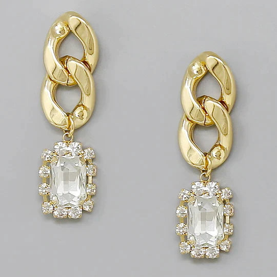 Emerald Cut Glass Stone Chain Earrings