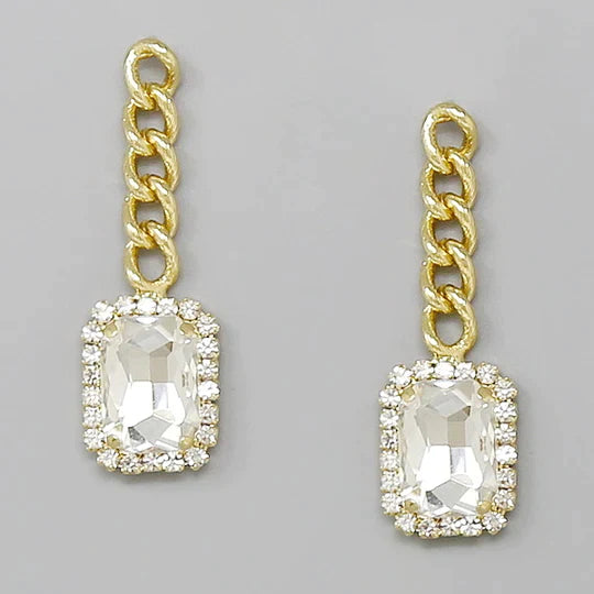 Rectangular Glass Stone Chain Drop Statement Earrings