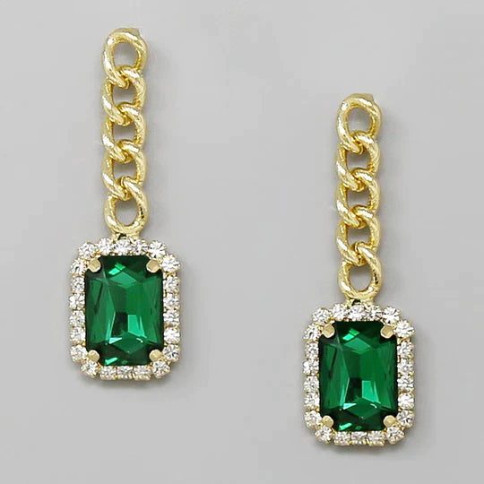 Rectangular Glass Stone Chain Drop Statement Earrings