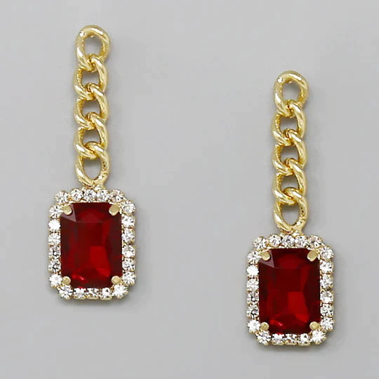 Rectangular Glass Stone Chain Drop Statement Earrings