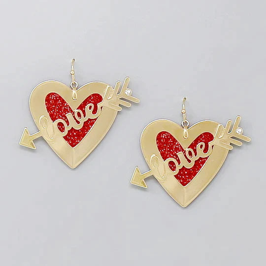 Love Glitter Arrow Heart Dangle Earrings