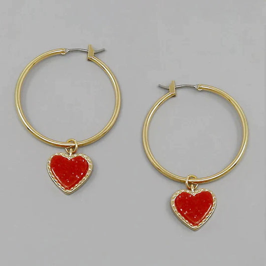 Druzy Heart Charm Hoop Earrings