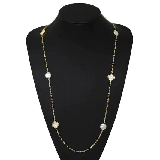 Quatrefoil Charm And Pearl Station Long Necklace