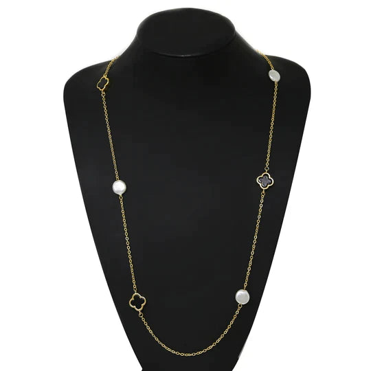 Quatrefoil Charm And Pearl Station Long Necklace