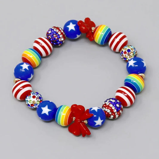 American Flag & Rainbow Bead Stretch Bracelet