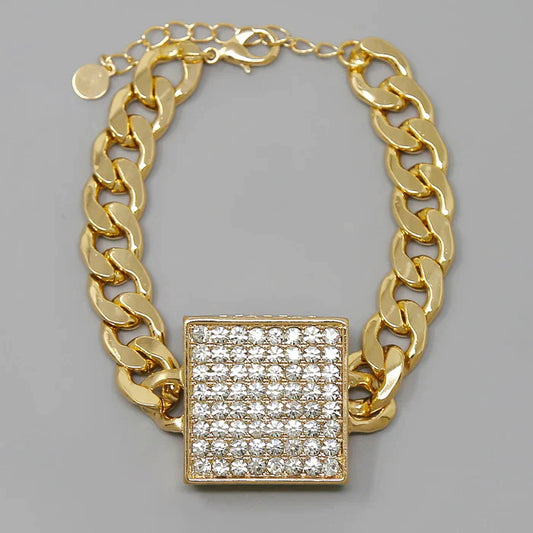 Rhinestone Pave Square Curb Chain Bracelet