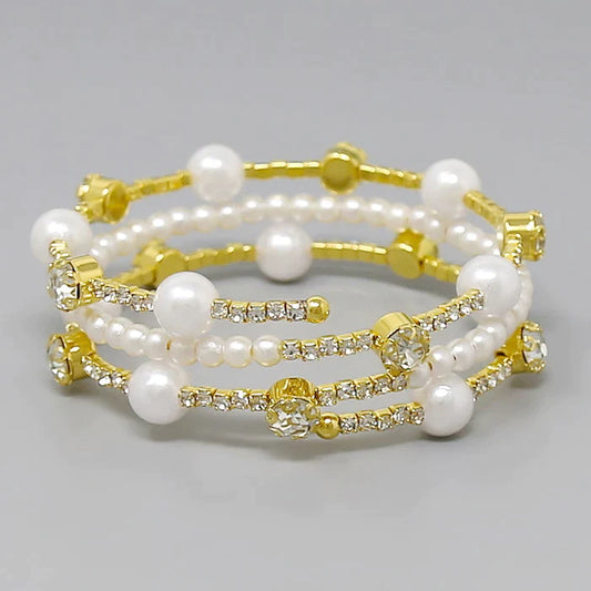 Pearl Station Rhinestone Wrap Statement Bracelet