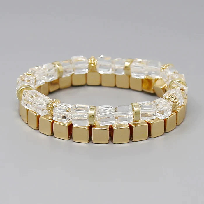 Glass & Metal Cube Beaded Stretch Bracelet Set