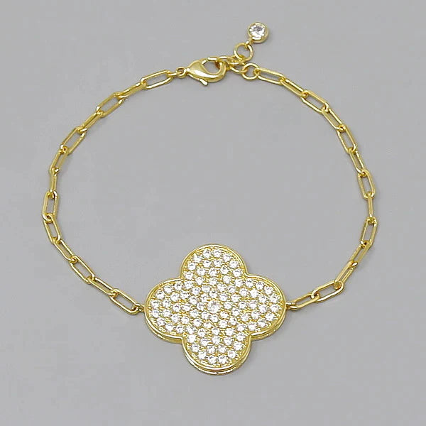 CZ Pave Quatrefoil Charm Gold Dipped Bracelet