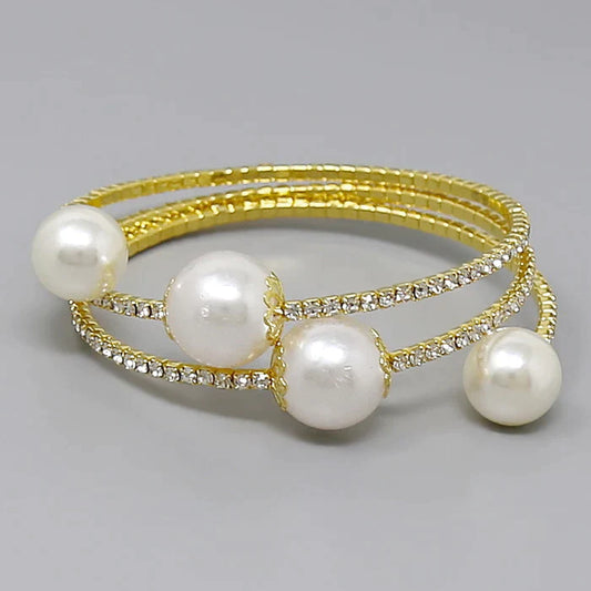 Pearl Station Rhinestone Wrap Statement Bracelet