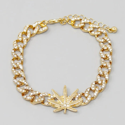 Hemp Leaf Rhinestone Pave Curb Link Bracelet