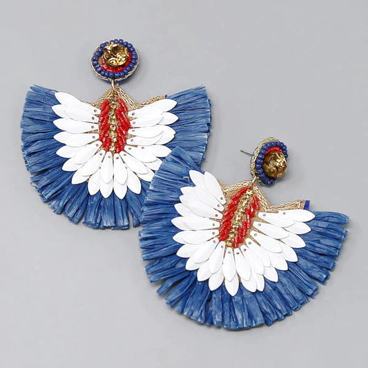 July 4th Raffia Fringed Fan Statement Earrings