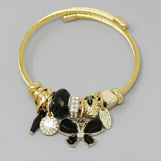 Butterfly Multi Charm Textured Bangle Bracelet