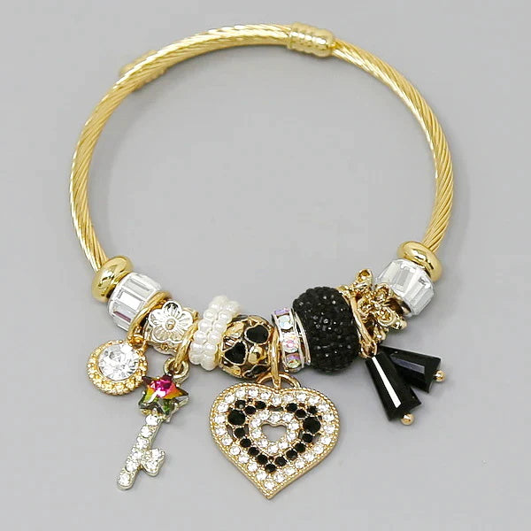 Key & Heart Multi Charm Textured Bangle Bracelet