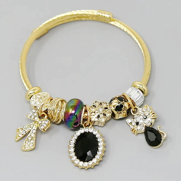 Bow & Kitty Cat Multi Charm Textured Bangle Bracelet