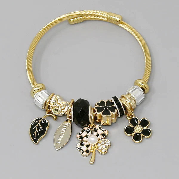 Leaf / Clover / Flower Multi Charm Textured Bangle Bracelet