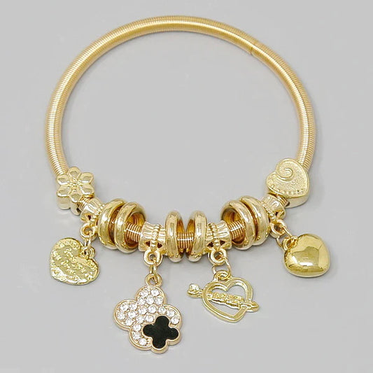 Heart And Quatrefoil Sliding Charm Spring Bracelet