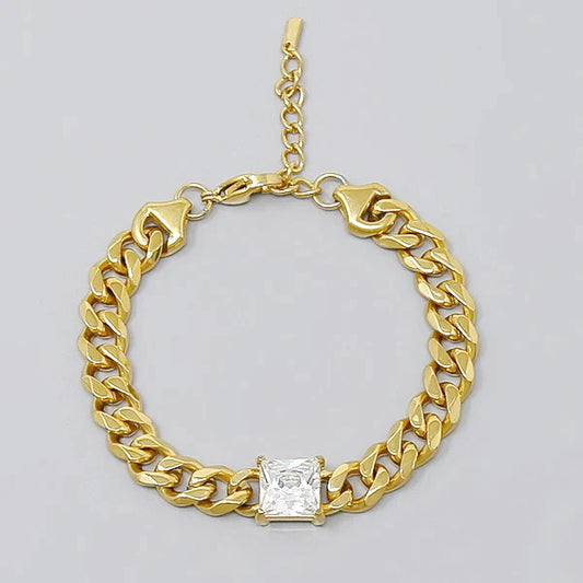 Square CZ Stone Detail Stainless Steel Curb Chain Bracelet