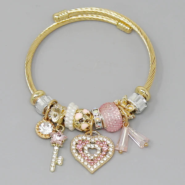 Key & Heart Multi Charm Textured Bangle Bracelet