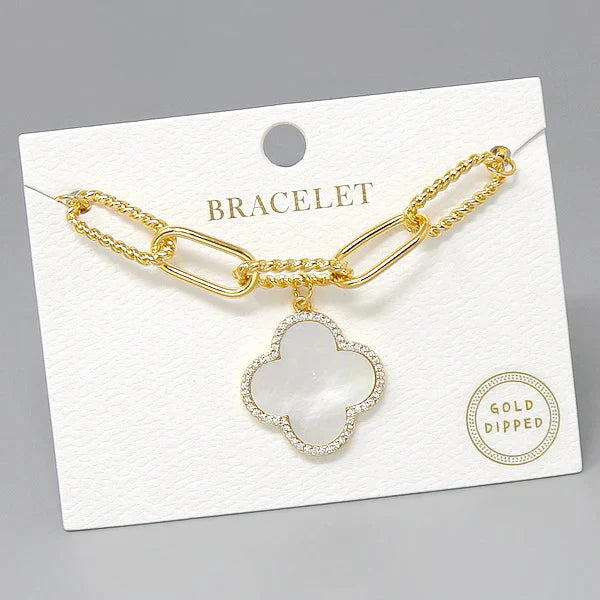 CZ Trimmed Quatrefoil Charm Gold Dipped Chain Bracelet