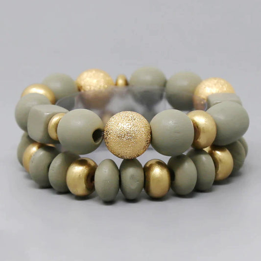 Textured Metal Ball & Wood Beaded Stretch Bracelet Set