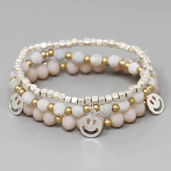 Smiley Face Charm Beaded Stretch Bracelet Set