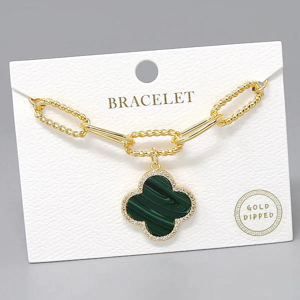 CZ Trimmed Quatrefoil Charm Gold Dipped Chain Bracelet