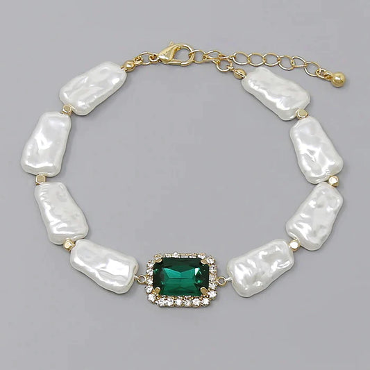 Rectangular Glass Stone Charm Pearl Beaded Bracelet