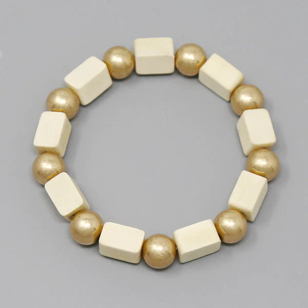 Wooden Cube And Metal Ball Stretch Bracelet