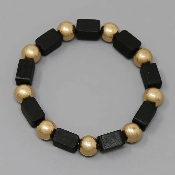 Wooden Cube And Metal Ball Stretch Bracelet