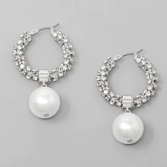 Pearl Charm Rhinestone Wrapped Hoop Earrings