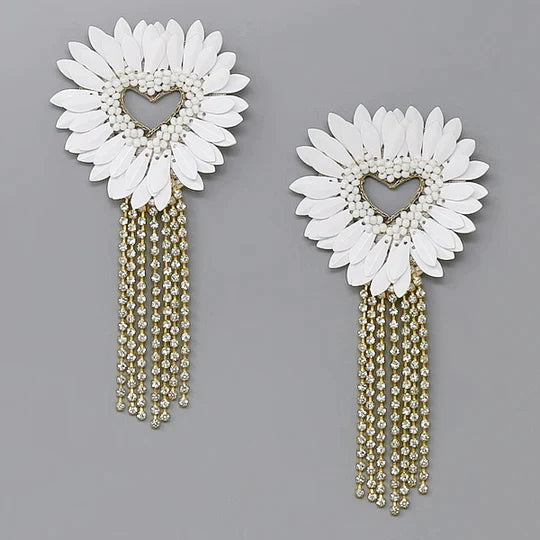 Sequined Heart Rhinestone Fringe Earrings