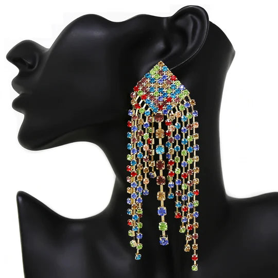 Glass Stone Pave Fringed Statment Earrings