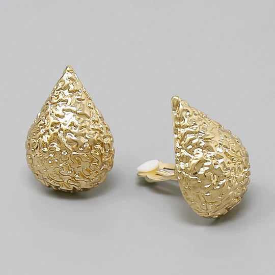 Crumpled Metal Chunky Teardrop Clip On Earrings