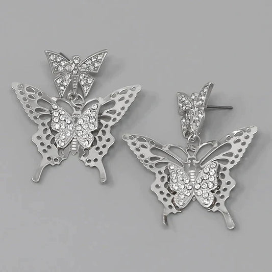 Glass Stone Pave Filigree Butterfly Drop Earrings