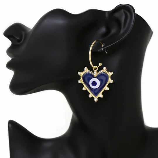 Evil Eye Heart Charm Hoop Earrings