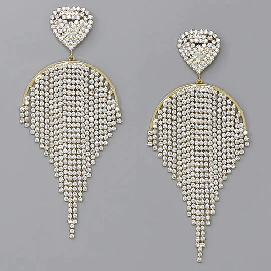 Heart With Fringe Glass Stone Pave Statement Earrings