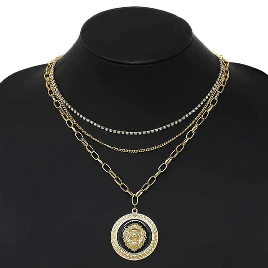 Lion Head Disc Pendant Assorted Short Necklace Set (3 PCS)