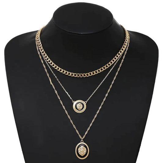 Lion Head Pendant Layered Chain Necklace Set