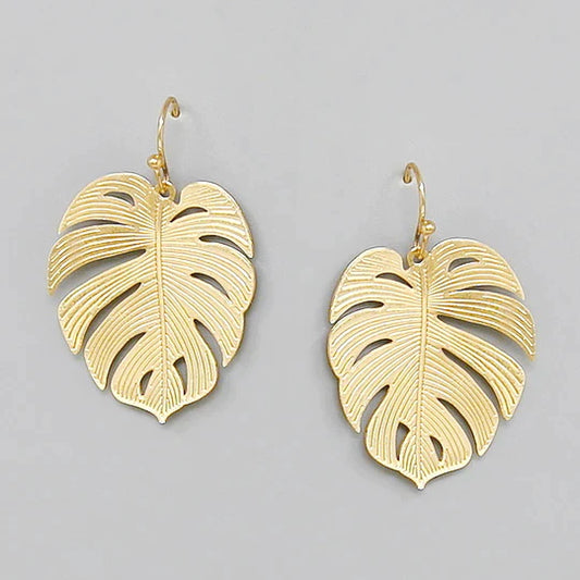 Tropical Leaf Textured Metal Earrings