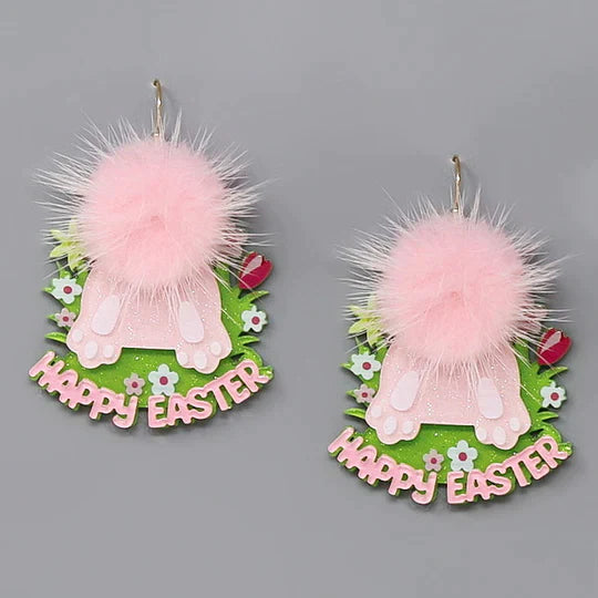 Happy Easter Bunny Pom Acrylic Earrings